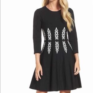Eliza J Dress Fit & Flare Black with White Floral Pattern 3/4 sleeve